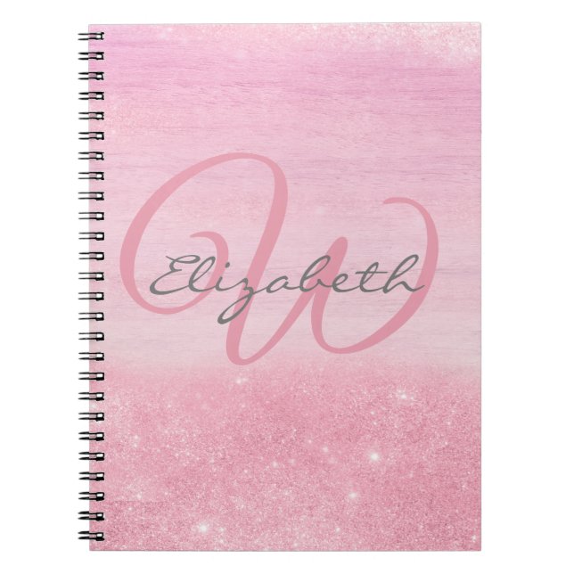 Girly Monogram Pink Ombre Soft Glitter Shimmer Notebook (Front)