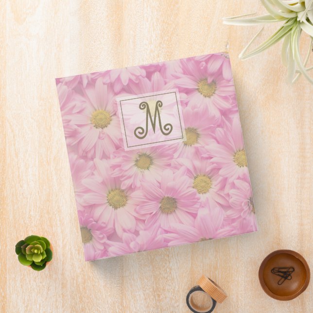 Girly Monogram Pink Yellow Daisy Blooms 3 Ring Binder (In Situ)
