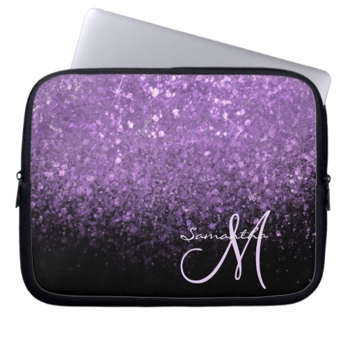 Girly Monogram Purple Glitter Sparkle  Black  Laptop Sleeve