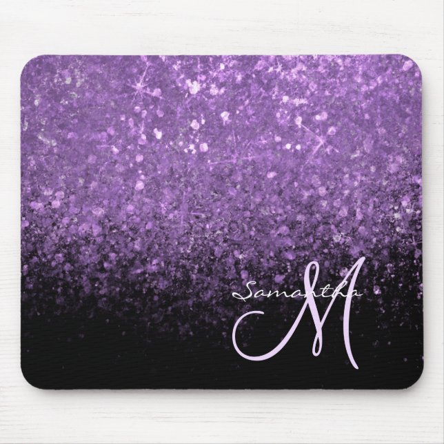 Girly Monogram Purple Glitter Sparkle & Black Mouse Pad (Front)