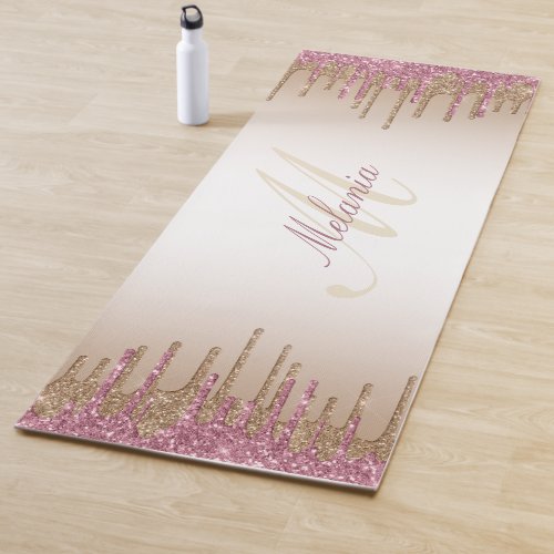 girly monogram purple gold dripping glitter yoga mat