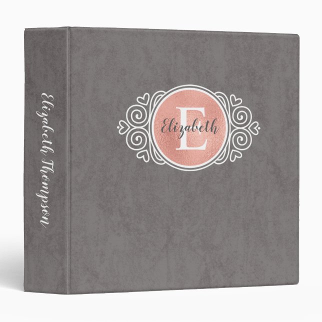 Girly Monogram Rose Gold Foil Grey Script 3 Ring Binder (Front/Spine)