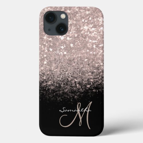 Girly Monogram Rose Gold Glitter  Black  iPhone 13 Case