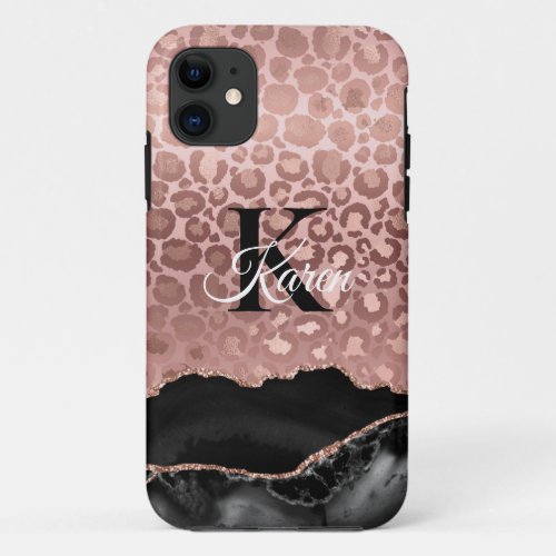 Girly Monogram Rose Gold Leopard And Black Marble iPhone 11 Case