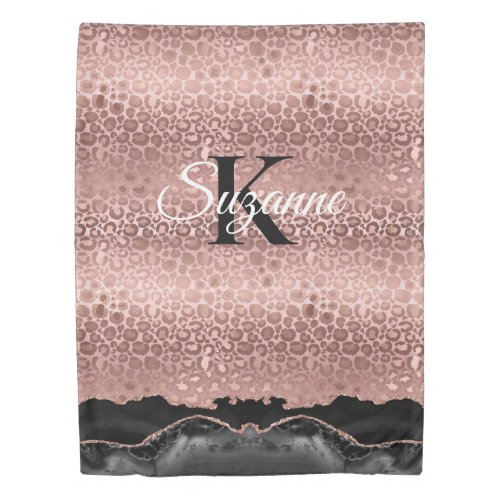 Girly Monogram Rose Gold Leopard And Black Marble Duvet Cover