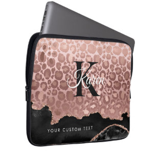 Girly Monogram Rose Gold Leopard And Black Marble  Laptop Sleeve