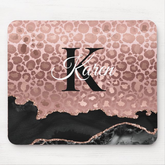 Girly Monogram Rose Gold Leopard And Black Marble Mouse Pad (Front)
