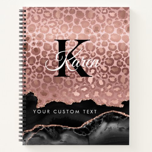 Girly Monogram Rose Gold Leopard And Black Marble Notebook