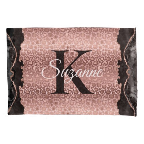 Girly Monogram Rose Gold Leopard And Black Marble Pillow Case