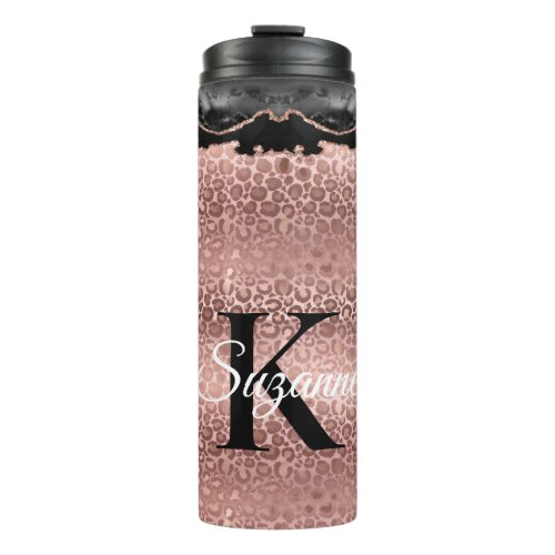 Girly Monogram Rose Gold Leopard And Black Marble Thermal Tumbler