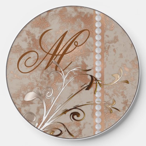 Girly Monogram Rose Gold Pearls Wireless Charger