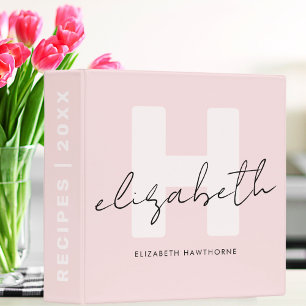 Girly Monogram Script Blush Pink Initial Recipe 3 Ring Binder