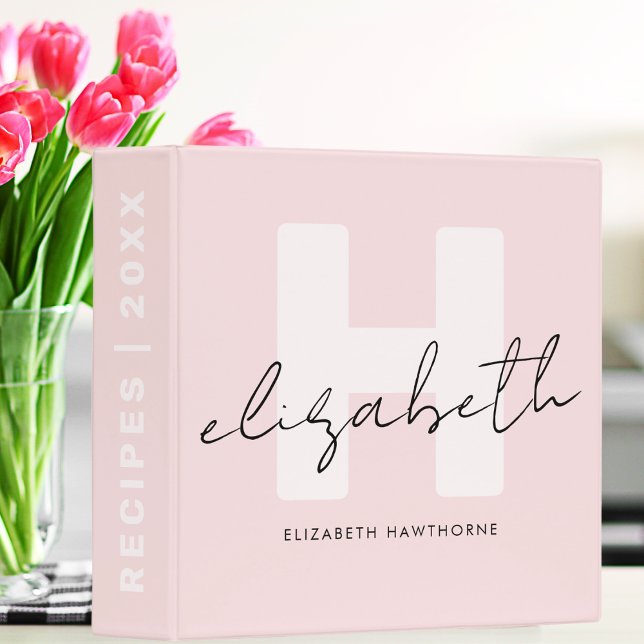 Girly Monogram Script Blush Pink Initial Recipe 3 Ring Binder (Creator Uploaded)