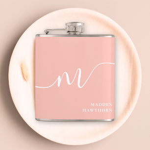 Girly Monogram Script Calligraphy Coral Blush Pink Flask