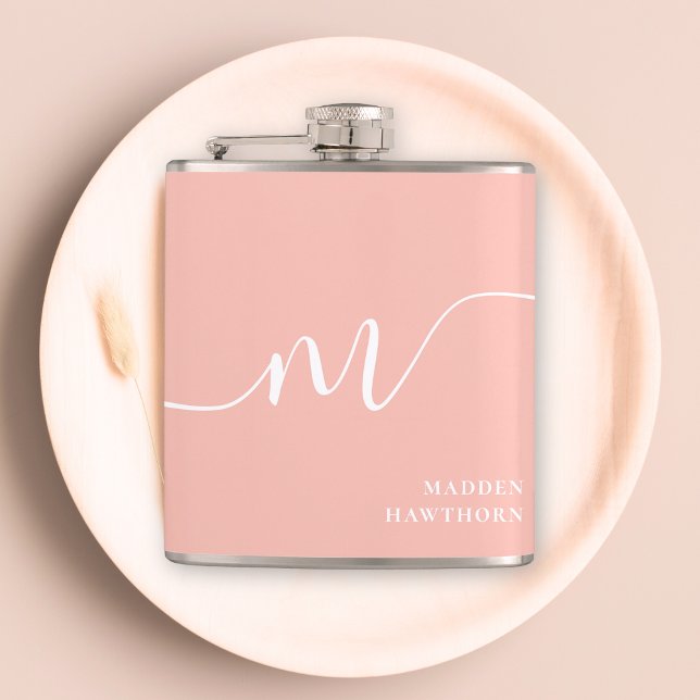 Girly Monogram Script Calligraphy Coral Blush Pink Flask (Creator Uploaded)