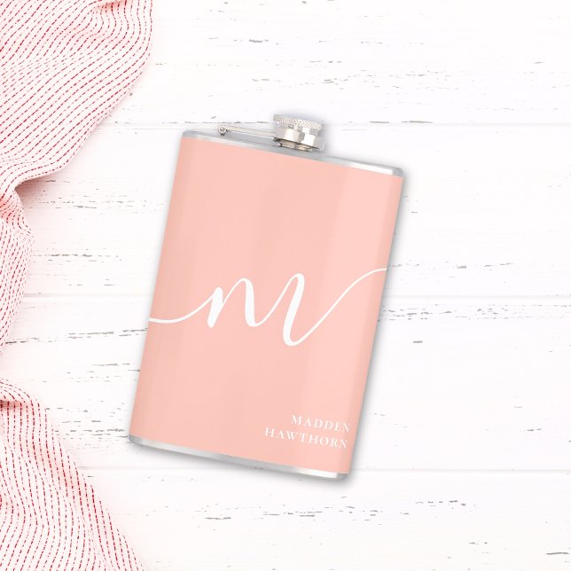 Girly Monogram Script Calligraphy Coral Blush Pink Flask (Creator Uploaded)