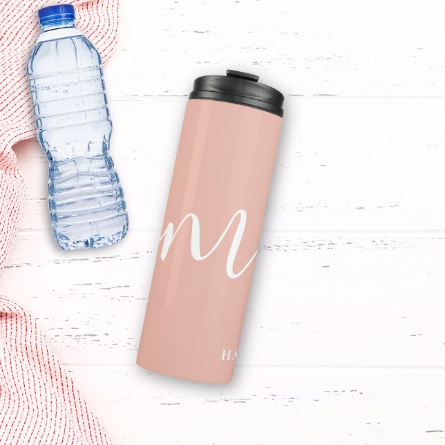 Girly Monogram Script Calligraphy Coral Blush Pink Thermal Tumbler (Creator Uploaded)