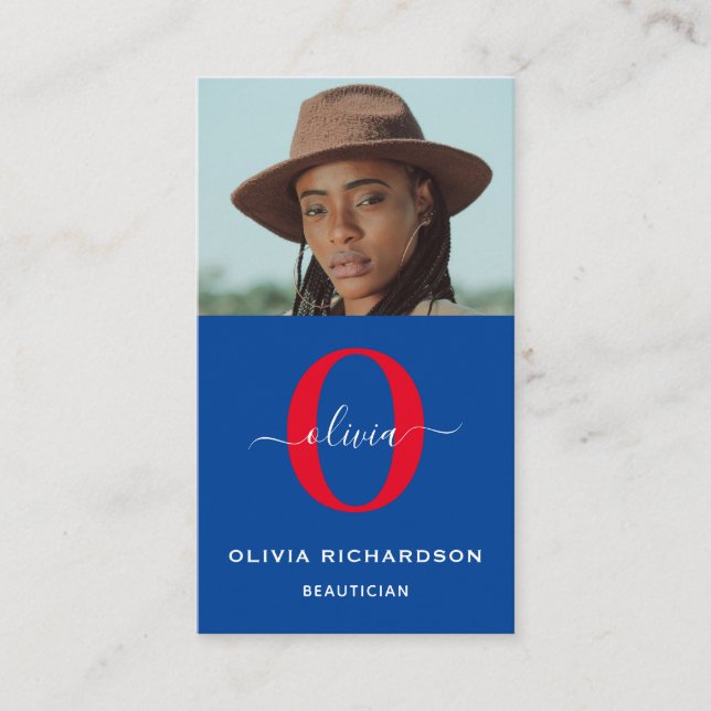 Girly Monogram Script Name Blue White Red Vertical Business Card (Front)