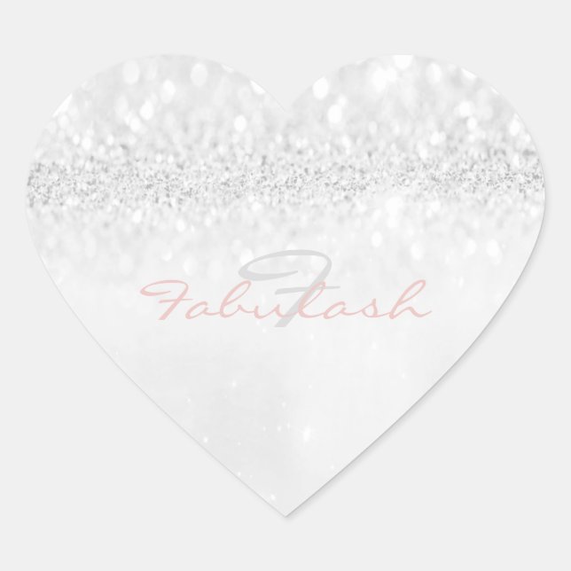 Girly Monogram Sparkly Glitter Pink SilverHeart Heart Sticker (Front)