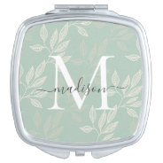 Girly Monogram Teal Botanical Leaves Script Name Compact Mirror at Zazzle