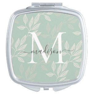 Girly Monogram Teal Botanical Leaves Script Name Compact Mirror