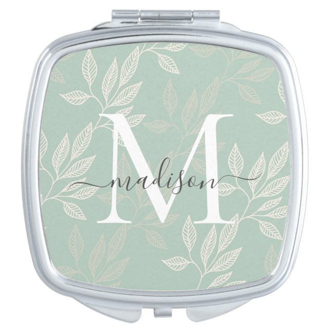 Girly Monogram Teal Botanical Leaves Script Name Compact Mirror (Front)