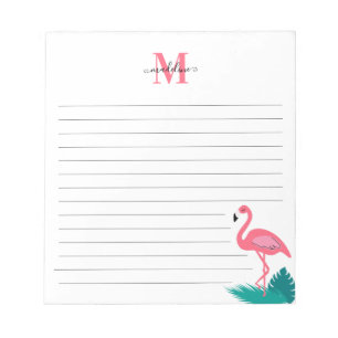Girly Monogram Tropical Leaves Pink Flamingo Lined Notepad