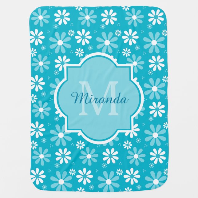 Girly Monogram Turquoise Daisy Flowers and Name Swaddle Blanket (Front)