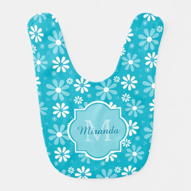 Girly Monogram Turquoise Daisy Flowers Baby Name Baby Bib (Front)