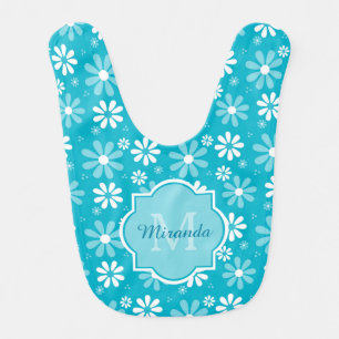 Girly Monogram Turquoise Daisy Flowers Baby Name Bib