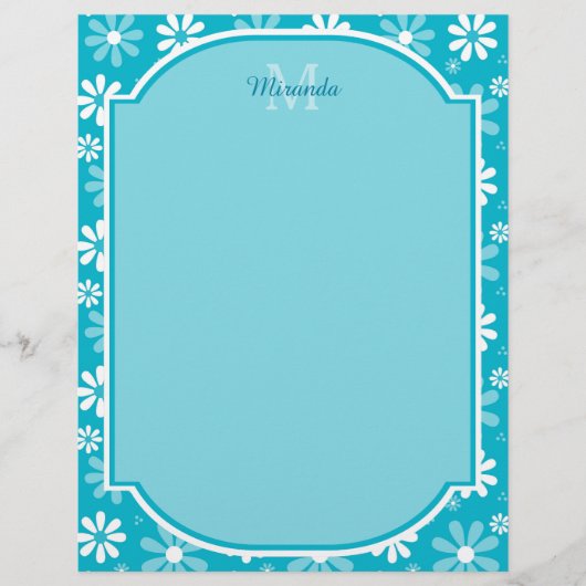Girly Monogram Turquoise Daisy Flowers With Name (Front)