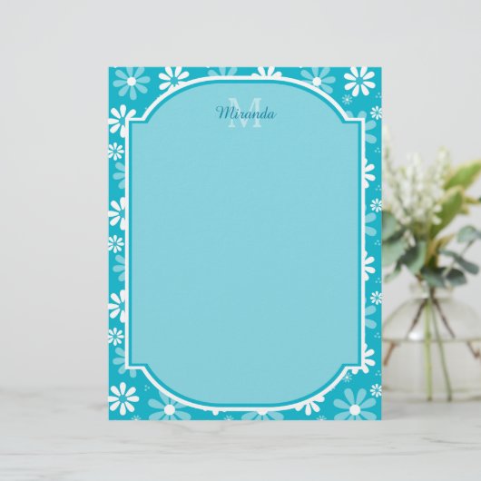 Girly Monogram Turquoise Daisy Flowers With Name (Standing Front)