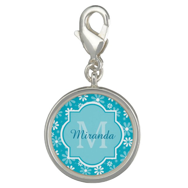 Girly Monogram Turquoise Daisy Flowers With Name Charm (Front)