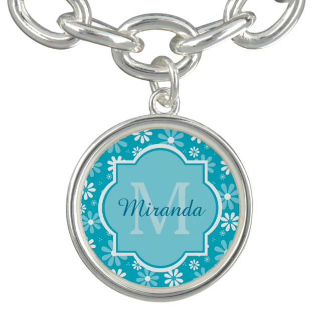 Girly Monogram Turquoise Daisy Flowers With Name Charm Bracelet (Design)