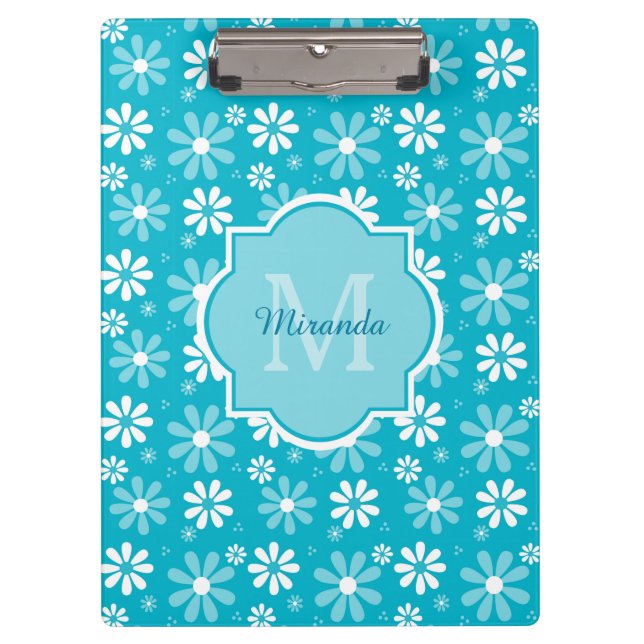Girly Monogram Turquoise Daisy Flowers With Name Clipboard (Front)