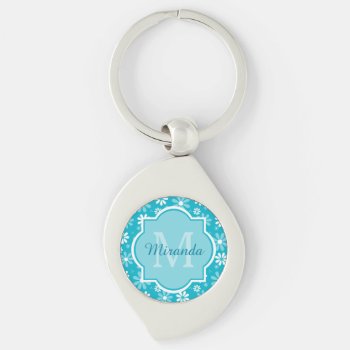 Girly Monogram Turquoise Daisy Flowers With Name Keychain by ohsogirly at Zazzle