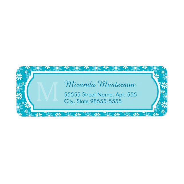 Girly Monogram Turquoise Daisy Flowers With Name Label (Front)