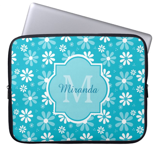 Girly Monogram Turquoise Daisy Flowers With Name Laptop Sleeve (Front)
