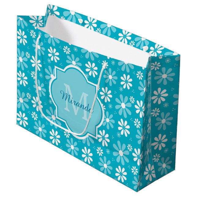Girly Monogram Turquoise Daisy Flowers With Name Large Gift Bag (Front Angled)