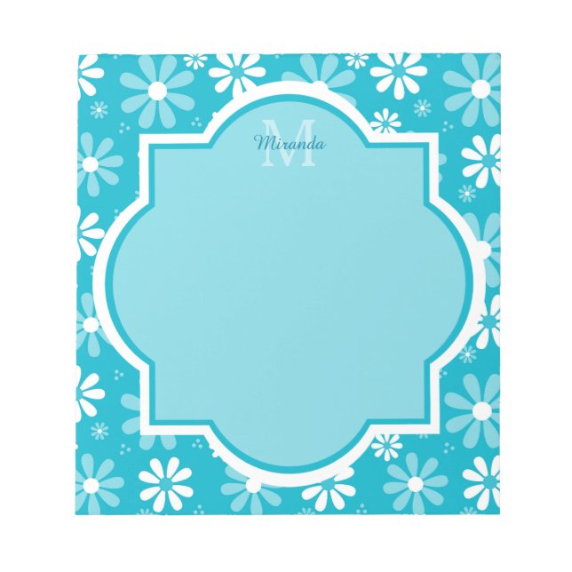 Girly Monogram Turquoise Daisy Flowers With Name Notepad (Front)