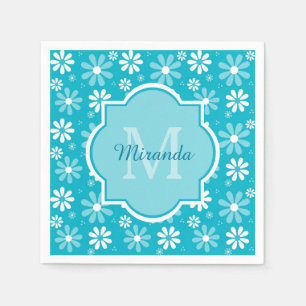 Girly Monogram Turquoise Daisy Flowers With Name Paper Napkins
