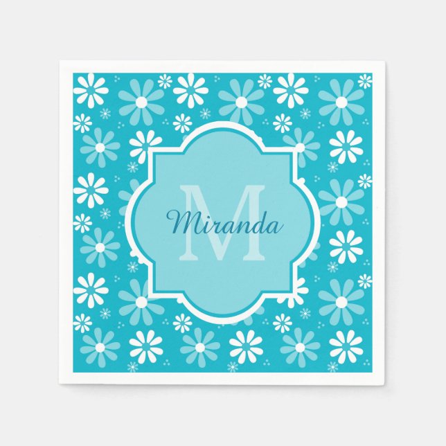 Girly Monogram Turquoise Daisy Flowers With Name Paper Napkins (Front)