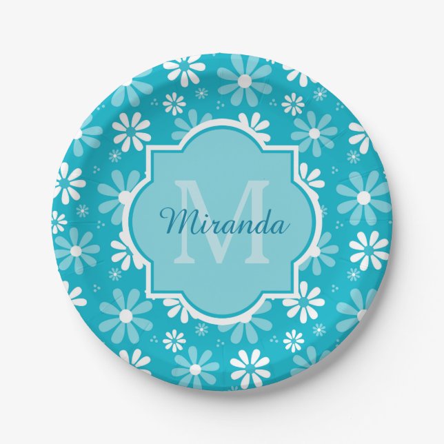 Girly Monogram Turquoise Daisy Flowers With Name Paper Plates (Front)