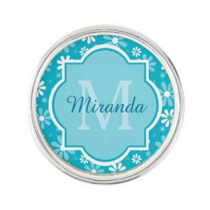 Girly Monogram Turquoise Daisy Flowers With Name Pin