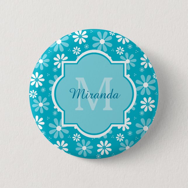 Girly Monogram Turquoise Daisy Flowers With Name Pinback Button (Front)