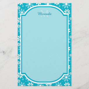 Girly Monogram Turquoise Daisy Flowers With Name Stationery