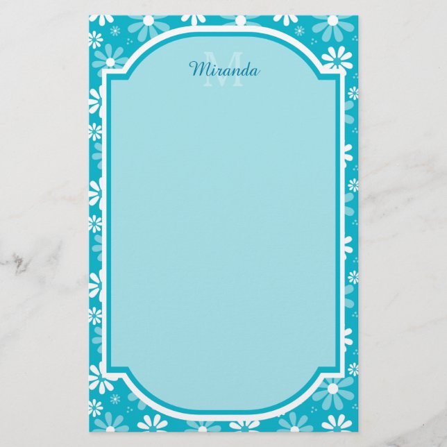 Girly Monogram Turquoise Daisy Flowers With Name Stationery (Front)