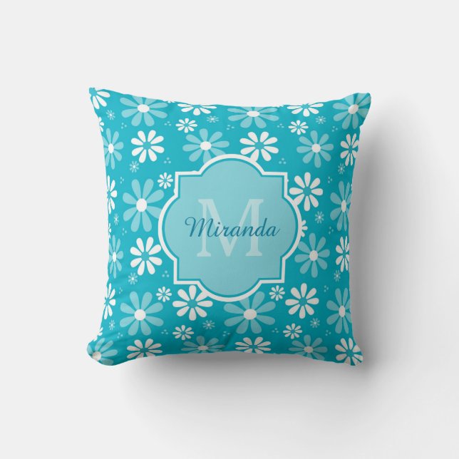 Girly Monogram Turquoise Daisy Flowers With Name Throw Pillow (Front)