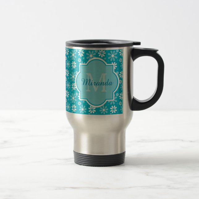 Girly Monogram Turquoise Daisy Flowers With Name Travel Mug (Right)
