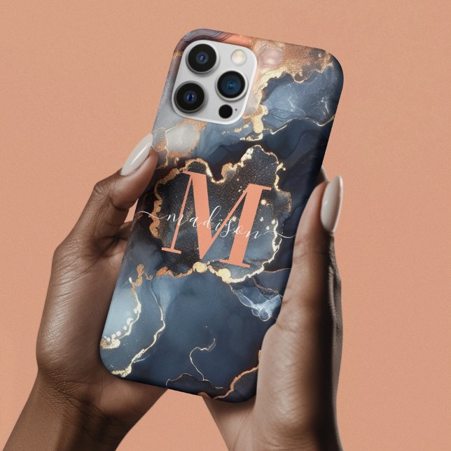 Girly Monogram Typography Marble Agate Abstract iPhone Case (Creator Uploaded)